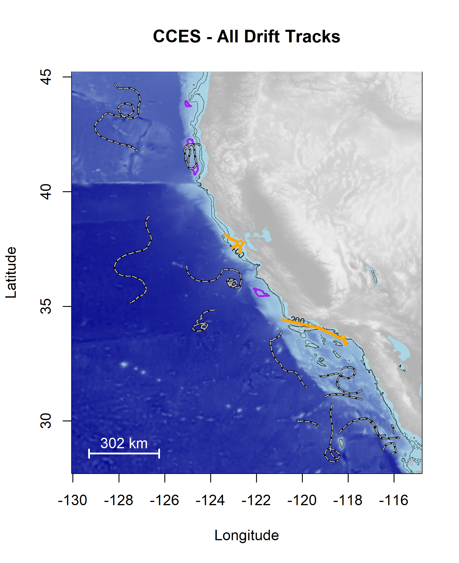 Map of the west coast of the United States with plots of all successful CCES drifts shown as black and white lines that represent their geoposition during the drift. The west coast Wind Energy Areas are outlined in purple, and shipping traffic lanes are outlined in yellow. Latitude is on the x-axis, and Longitude is on the y-axis. Bathymetry is shown with light blue for the shelf and slope waters, and dark blue for deep ocean waters. A 100 m and 200 m isobath line is provided."